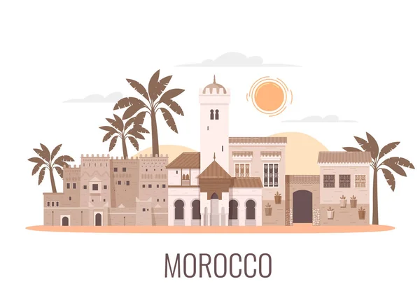 Komposisi Datar Wisata Maroko Dengan Pemandangan Terisolasi Dari Bangunan Arsitektur - Stok Vektor