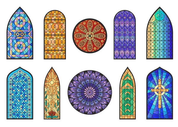 Skleněná Mozaika Kostel Chrám Katedrála Okna Plochý Soubor Izolovaných Zdobených — Stockový vektor