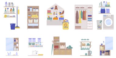 Çeşitli ev eşyalarının izole edilmiş vektör illüstrasyonunu tutmak için boş alan ve mobilyalarla dolu depo odası.