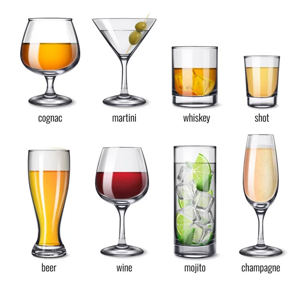 Bicchieri Bevande Alcoliche Set Con Icone Realistiche Isolate Bicchieri Con — Vettoriale Stock