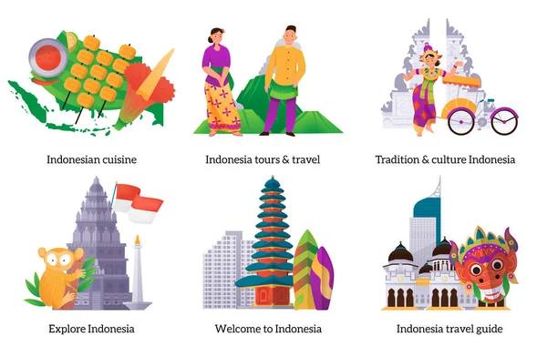 Indonesia Composizioni Piatte Set Con Cucina Tradizionale Punti Riferimento Isolato — Vettoriale Stock