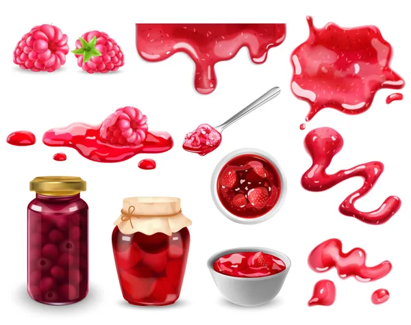 Realistic Jam Icons Set Red Garden Berries White Background Isolated — Stock Vector