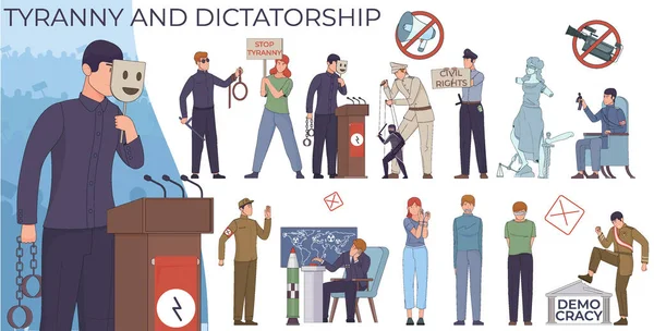 Özgürlük Yasağı Ikonlarıyla Yakalanan Protestocuların Metin Insan Karakterleriyle Diktatörlük Siyasi — Stok Vektör