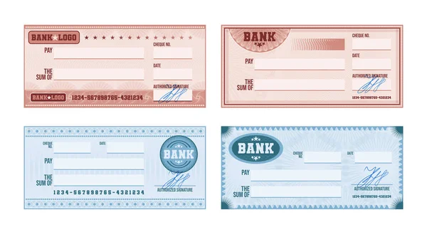 青とピンクのギョーシェパターンと署名現実的なセットの孤立ベクトル図とブランク銀行チェックテンプレート — ストックベクタ