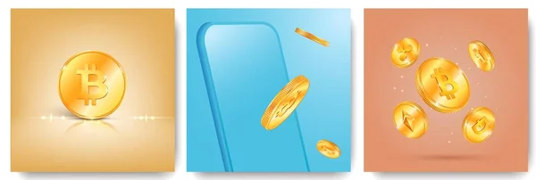 黄金のコインやスマートフォンのフレームベクトルイラストの現実的な画像を持つ3つの正方形の組成物の暗号コインセット — ストックベクタ