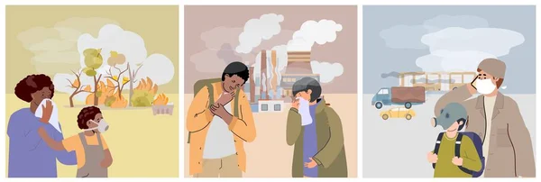 Ensemble Smog Urbain Avec Trois Compositions Extérieures Voitures Fumantes Arbres — Image vectorielle