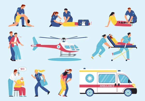 Icônes Plates Premiers Soins Avec Ambulanciers Aidant Les Personnes Situation — Image vectorielle