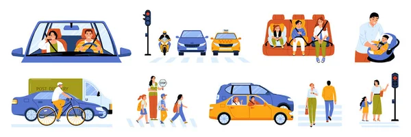 Biztonság Közlekedés Készlet Városi Utcai Szimbólumok Lapos Elszigetelt Vektor Illusztráció — Stock Vector