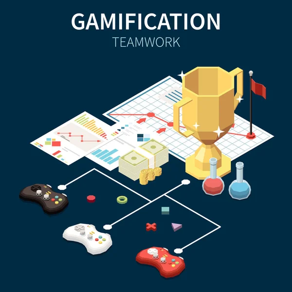 ゲームジョイスティックと勝者カップ3Dアイソメトリックベクトルイラストとビジネスゲーム化とチームワークの概念 — ストックベクタ