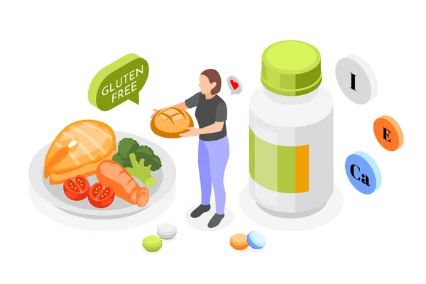 Gluten Intolerance Isometric Composition Plastic Jar Nutrient Icons Female Character — Stock Vector