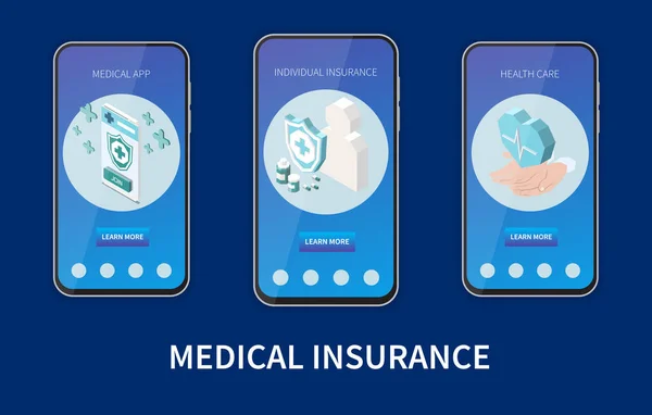 Izometrická Sada Zdravotního Pojištění Izolovanou Vektorovou Ilustrací Lékařské Mobilní Aplikace — Stockový vektor