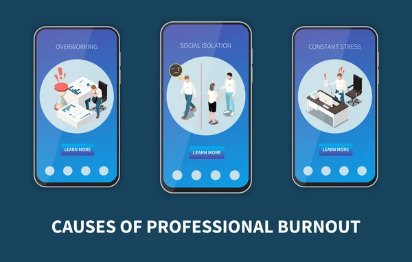 Set Isometrico Della Sindrome Burnout Professionale Con Modelli App Mobile — Vettoriale Stock