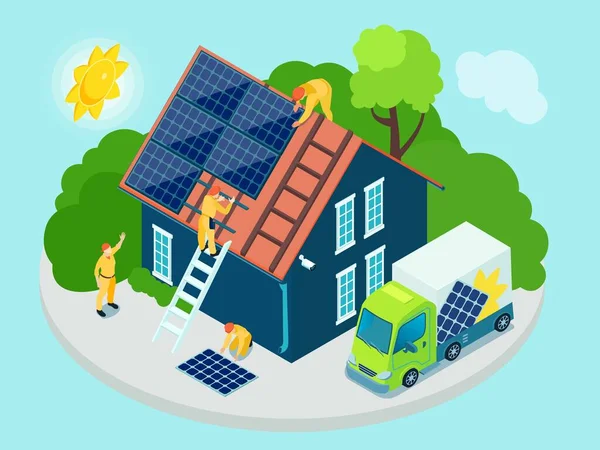 Izolált Zöld Energia Összetétel Modern Külvárosi Ház Izometrikus Ikonjaival Napelemekkel — Stock Vector