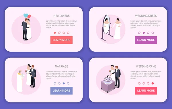 Cerimônia Casamento Casamento Banners Horizontais Com Imagens Isométricas Personagens Humanos —  Vetores de Stock