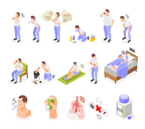 Asthma Symptoms Treatment Set Isolated Icons Isometric Characters Patient Representing — Stock Vector