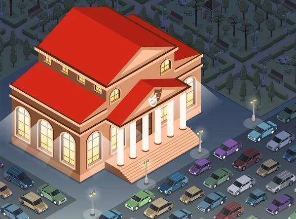 Ισομετρική Πόλη Θραύσμα Κτίριο Θέατρο Και Πολλά Σταθμευμένα Αυτοκίνητα Γύρω — Διανυσματικό Αρχείο