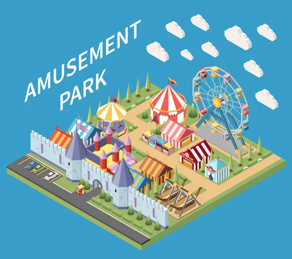 Amusement Park Isometric Composition Isolated View Recreation Area Medieval Style — Stock Vector