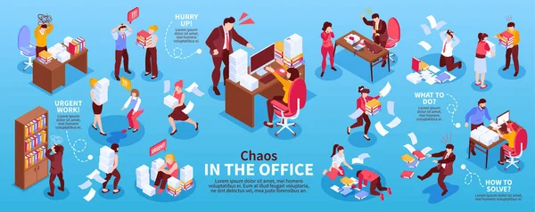 Isometric Office Chaos Infographics Set Isolated Compositions Showing Workers Heavy — Stock Vector