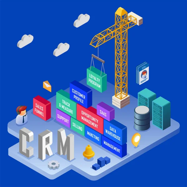 Koncepcja Izometryczna Crm Ilustracją Wektorową Budowania Lojalności Klientów Symboli Zarządzania — Wektor stockowy
