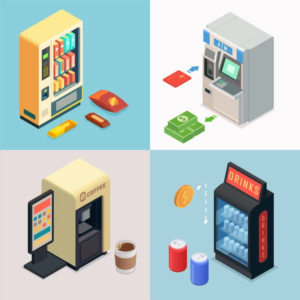 Vending Machine Isometric Set Square Compositions Atm Drinks Coffee Machine — Stock Vector