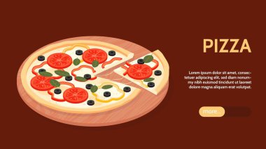 Yuvarlak ahşap tepsi metni ve düğme vektör illüstrasyonunda kesilmiş pizzanın görüntüsüne sahip Isometric pizza yatay afişi