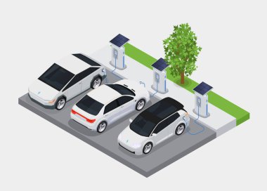 Halka açık istasyon vektör illüstrasyonunda şarj olan elektrikli arabalarla elektromobil taşıma izometrik kavramı