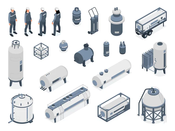 具有工业储罐和工人矢量图解特征的一组隔离图标 — 图库矢量图片