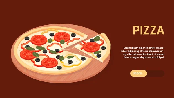 Изометрический Горизонтальный Баннер Пиццы Изображением Разрезанной Пиццы Круглом Деревянном Подносе — стоковый вектор
