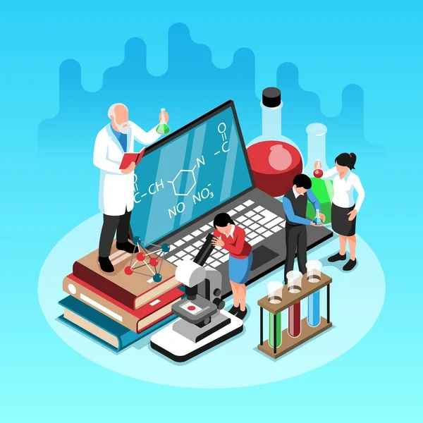 School Science Lab Isometric Design Conception Teacher Students Tutorials Chemical — 스톡 벡터
