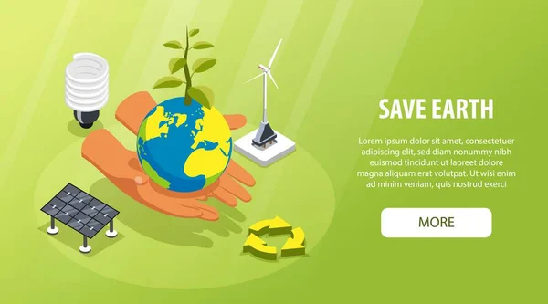 用生态灯泡风力涡轮机太阳能电池板等距矢量图解节省地面水平绿旗 — 图库矢量图片