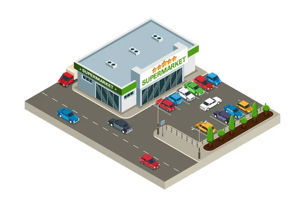 Supermarket Building Outdoor Car Parking Isometric Object Isolated White Background — Stock Vector