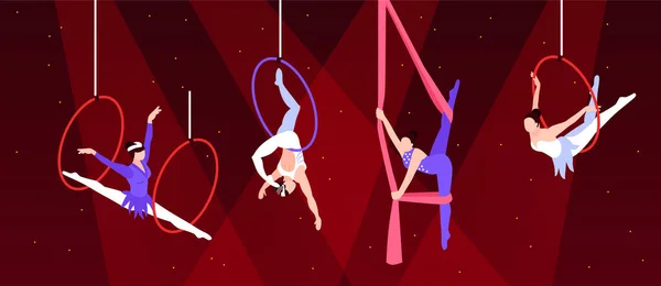 Isometrische Circuscompositie Met Personages Van Performers Uit Lucht Vrouwelijke Trapeze — Stockvector