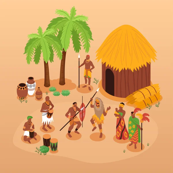 Isometric African People Composition Isolated Characters Natives Palms Ancient Arms — Stock Vector