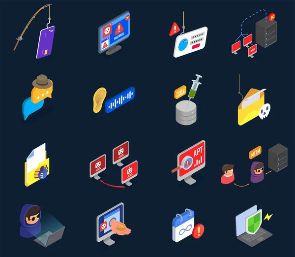 Icone Isometriche Sicurezza Informatica Impostate Con Simboli Attacco Hacker Illustrazione — Vettoriale Stock