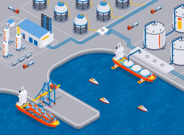 Isometric Sıkıştırılmış Gaz Kompozisyonu Açık Deniz Terminalinin Benzin Depoları Gemi — Stok Vektör