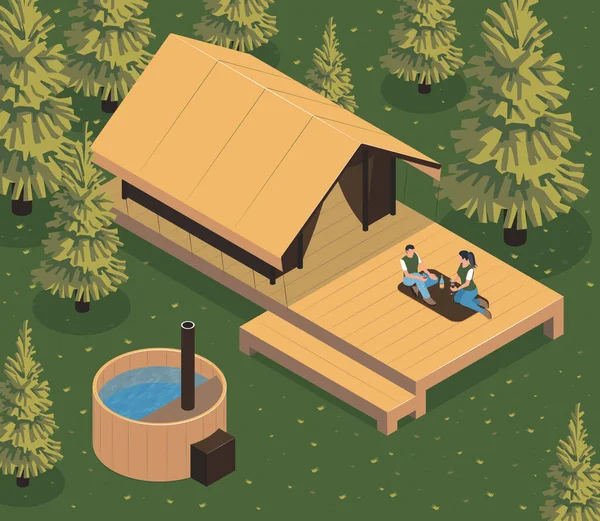 Isometric Glamping Composition Forest Background Wooden House Pool Loving Couple — Stock Vector