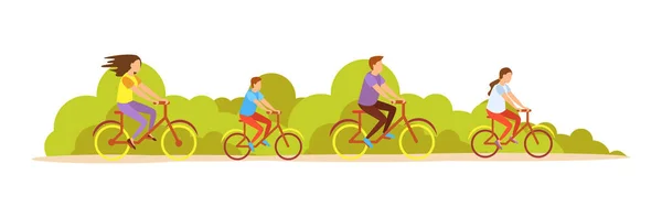 Summer Family Activity Flat Concept Parents Children Riding Bikes Vector —  Vetores de Stock