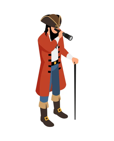 Capitaine Pirate Barbu Isométrique Avec Illustration Vectorielle Verre Espion — Image vectorielle