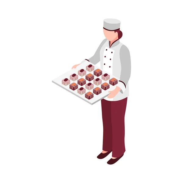 女性の菓子は手作りのお菓子とトレイを保持アイソメトリックアイコン3Dベクトルイラスト — ストックベクタ