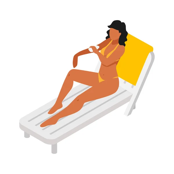 Donna Sulla Spiaggia Lounge Applicando Crema Solare Isometrica Vettoriale Illustrazione — Vettoriale Stock