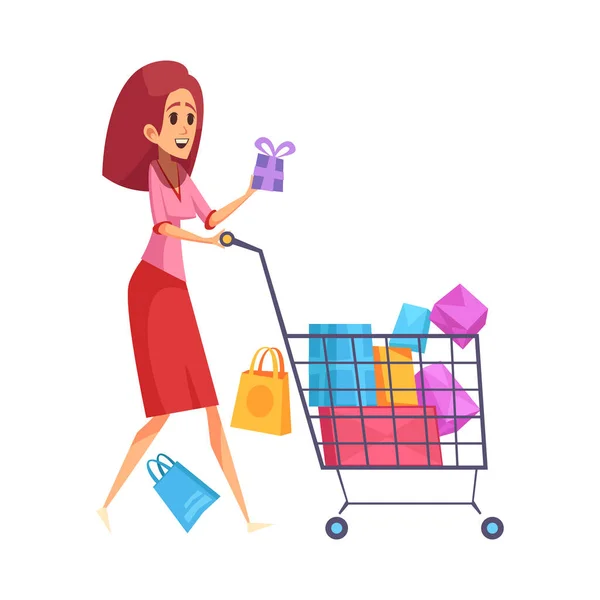 ハッピー女性ショッピングギフトや商品でスーパーマーケット漫画ベクトルイラスト — ストックベクタ