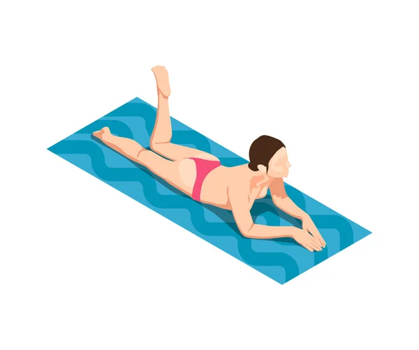 Kobieta Relaksująca Się Plaży Leżącej Ręczniku Opalania Izometryczny Wektor Ilustracji — Wektor stockowy