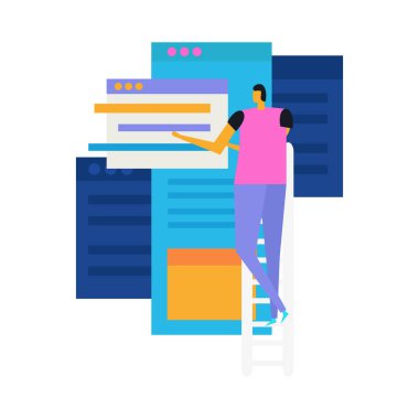 Bilgisayar programları vektör illüstrasyonuyla etkileşime giren insanlar ve arayüzler düz simge