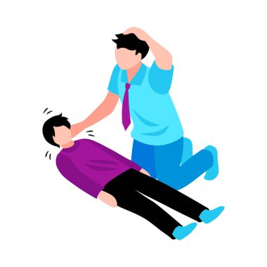Epilepsi ya da beyin sarsıntısı izometrik ikon vektör çizimi için ilk yardım sağlayan adam
