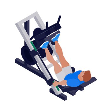 Adam bacak uzatma makinesi izometrik ikon vektör illüstrasyonunda fitness eğitimi alıyor