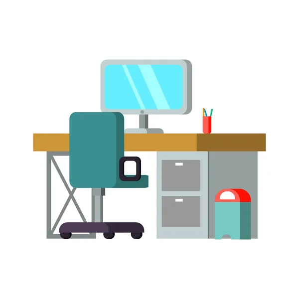 Desk Computer Wheeled Chair Student Teen Room Flat Vector Illustration — Stock Vector