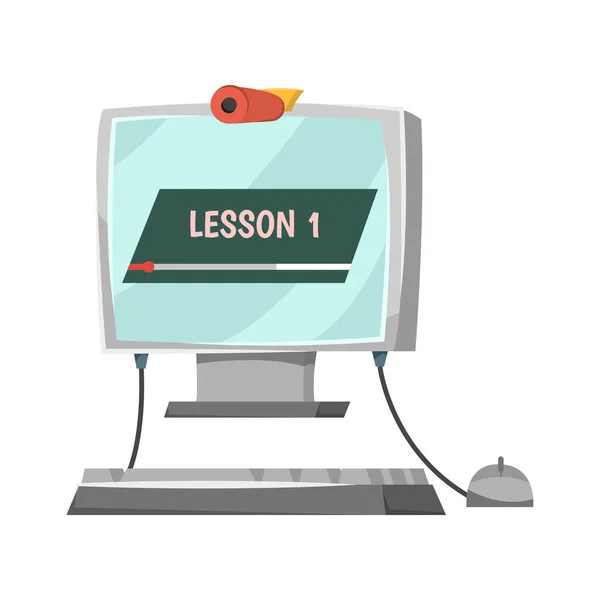 Online Εκπαίδευση Επίπεδη Έννοια Μάθημα Βίντεο Στον Υπολογιστή Οθόνη Διανυσματική — Διανυσματικό Αρχείο