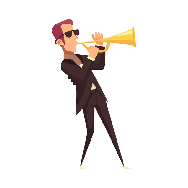 戴黑色眼镜的男性爵士音乐人 演奏乐器卡通人物插图 — 图库矢量图片