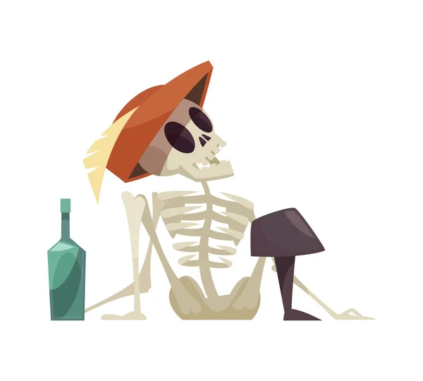 Esqueleto Pirata Morto Com Bota Chapéu Garrafa Rum Desenho Animado — Vetor de Stock