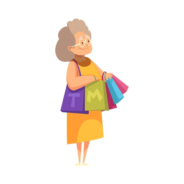 stock vector Happy senior woman shopaholic with shopping bags cartoon vector illustration